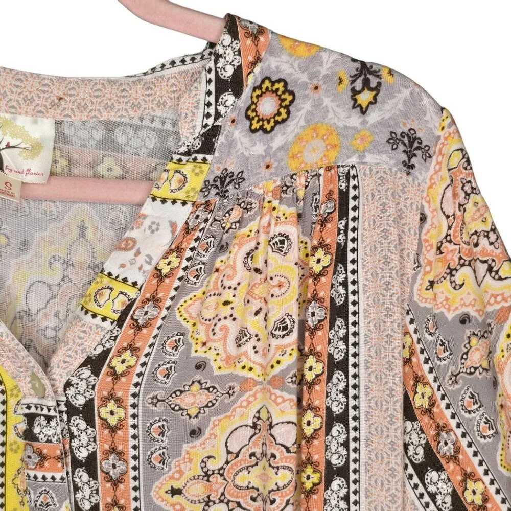 Fig & Flower Anthropologie Women's Boho Print Blouse SM Multicolor Button Up - Picture 5 of 8